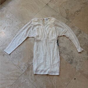 Edit By Nine Women’s Bodycon Ivory Sequin Mini Dress Plunging Neckline Size S